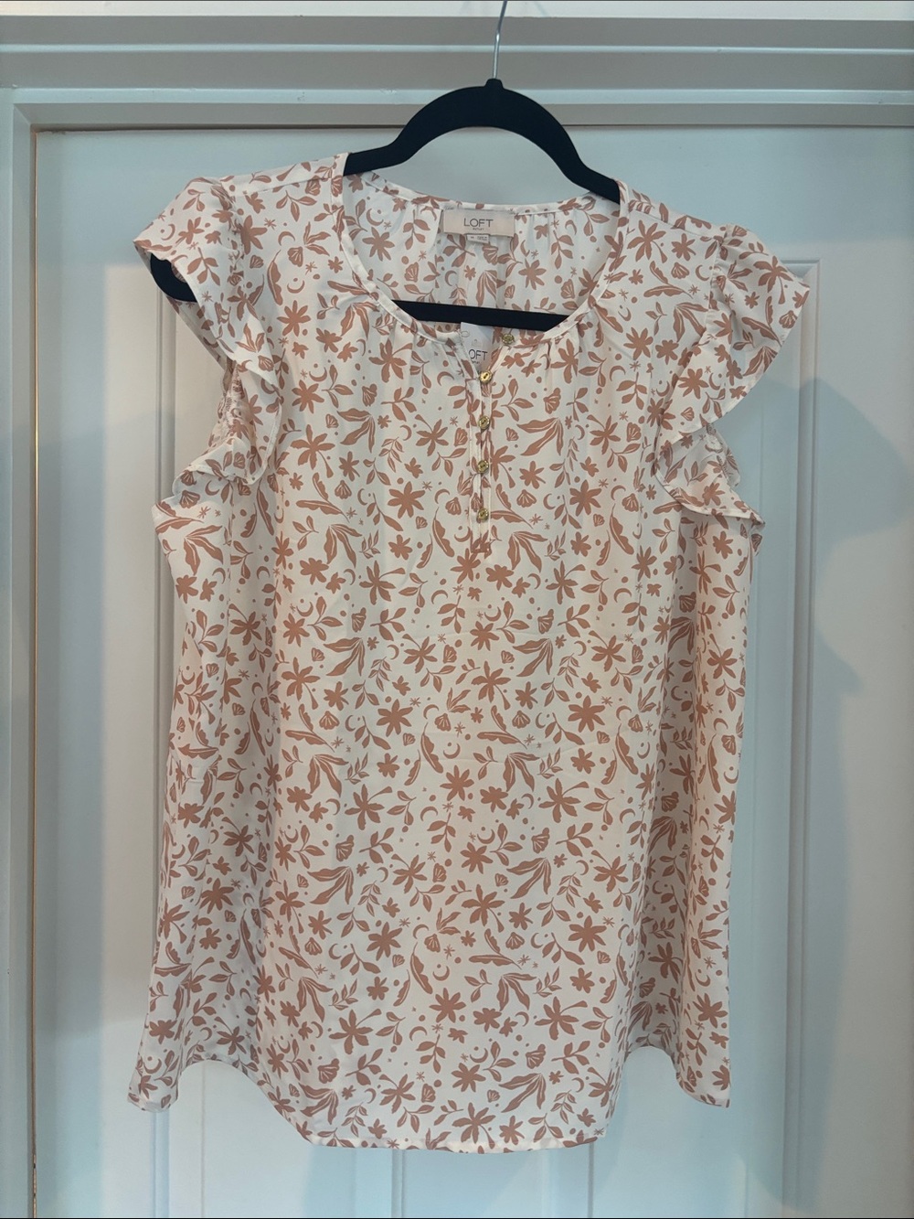 LOFT Cream Blouse with Tan Floral Print and Ruffle Sleeves